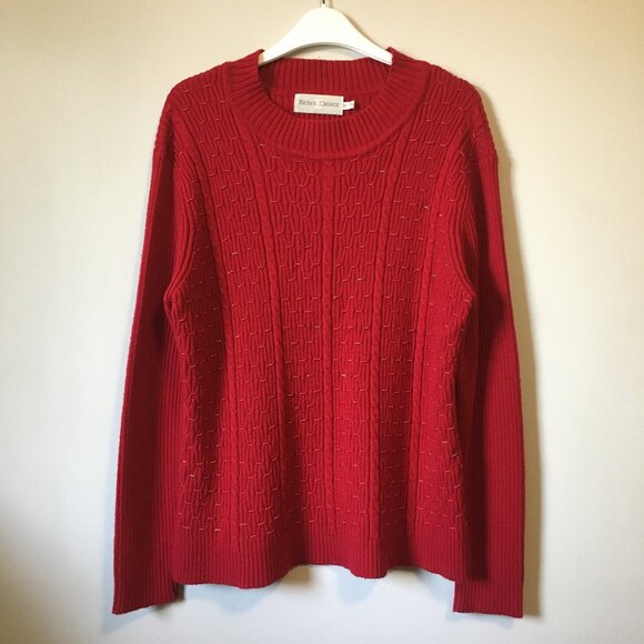 Vintage 80s Cherry Red Cable Knit Beaded Ribbed Sleeve Sweater - Picture 1 of 16